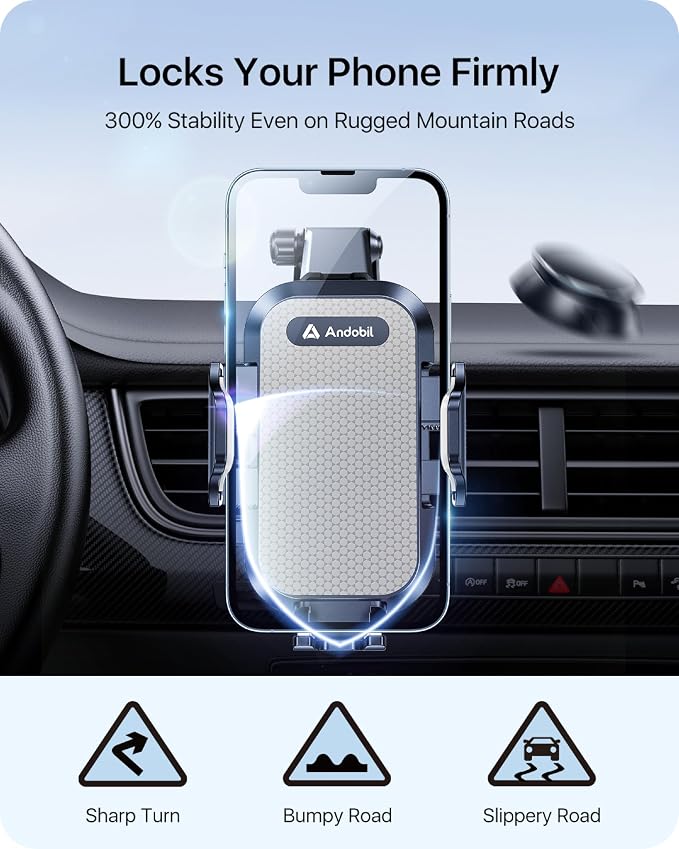 Car Phone Holder Mount (Strong Suction&Bumpy Road Stable) Phone Holders for Your Car, Cell Phone Car Mount for Windshield Dash Vent Truck Cradle Stand for iPhone 17 16 15 14 Pro Max Grey