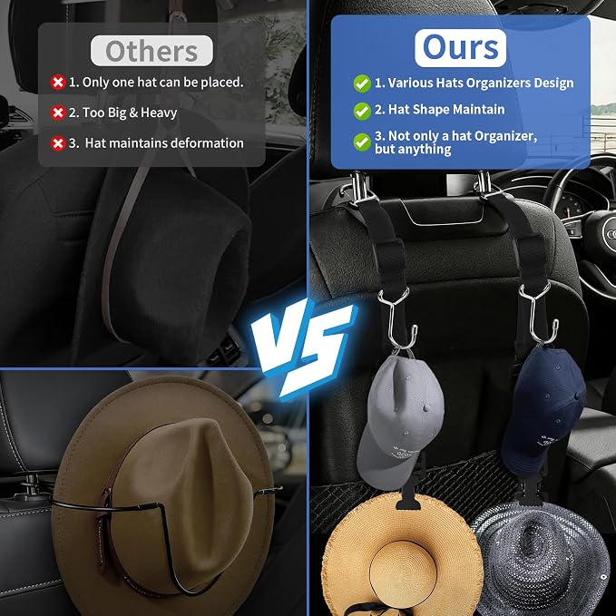 Purse Hook for Car, Adjustable Headrest Hooks & Hat Clip (4 Pack) | 100 LBS Heavy Duty | Metal Construction | Anti-Slip Clip | Tool-Free Install | All Vehicle Fit | Drivers Crews Families