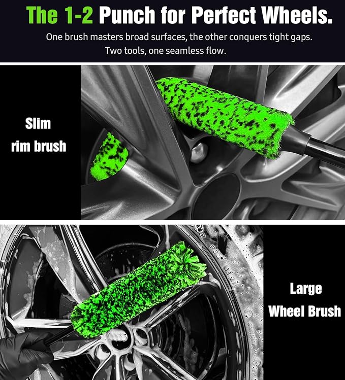 3PCS Quick Car Wheel Brush Kit, 2-Size 360° Bendale Rim Cleaner Brushes, Boars Hair Detailing Brush, Fast Scratch-Free Cleaning for Car Wheels, Motorcycle, Green