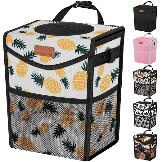 Car Trash Can with Lid, Cute Leakproof Car Trash Garbage Bag Hanging Vehicle Trash Bin Small Portable Automotive Garbage Cans Organizer for Back/Front Seat(Trapezoid,Pineapple Print