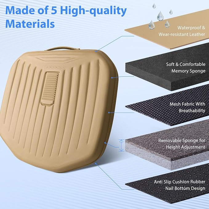 Premium Leather Car Seat Cushion, Comfort Memory Foam Driver Seat Cushion for Long Driving, Waterproof Non-Slip Seat Cushions for Cars, Truck, SUV, Office Chairs, Stadium, Beige