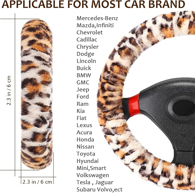 Fluffy Car Steering Wheel Cover, Universal Fuzzy Wheel Cover 14 1/2-15 & Handbrake Cover & Gear Shift Cover Set, Anti-Slip Leopard Warm Fur Vehicle Wheel Protector Car Accessories for Men Women