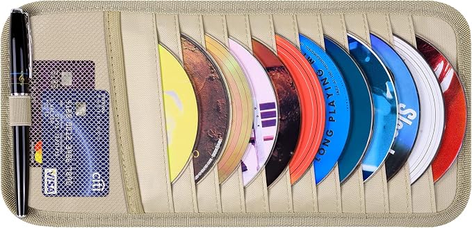 Car CD Case Holder, Vehicle Sun Visor Organizer for Cars with 12 DVD Storage Sleeves, 1 Mesh Pocket, 1 Pen Holder and Elastic Strap, Khaki