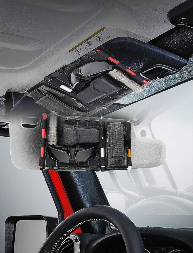 Tactical Sun Visor Organizer Front Visor Storage Cover for 2007-2023 Jeep Wrangler JK JL & Gladiator JT, Interior Storage Accessories, Black, 1 PCS