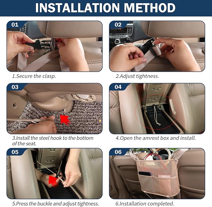 Car Net Pocket Handbag Holder Between Seats Back Storage Organizer 3 - Layers Purse Holder for Console Front Seat Storage Barrier, Beige