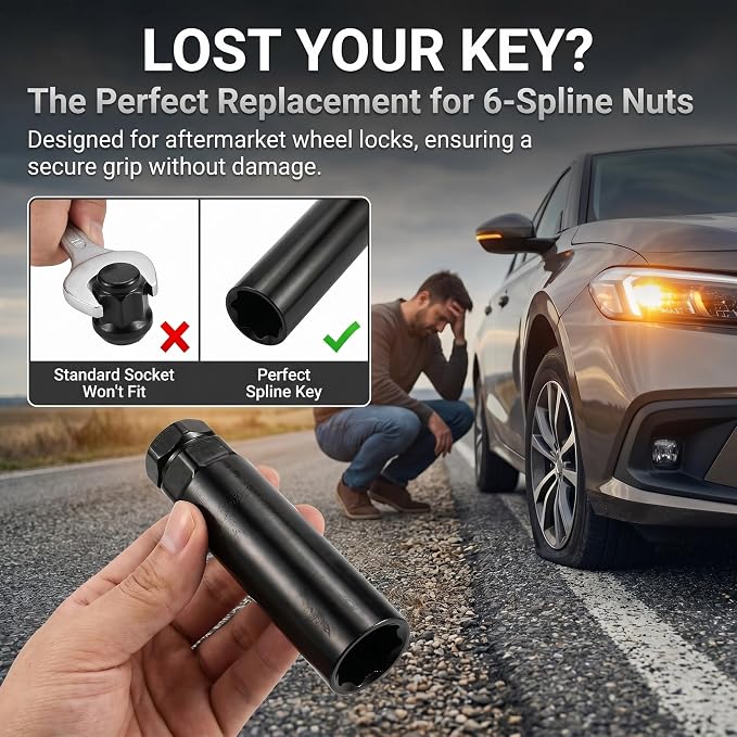 Small 6 Spline Lug Nut Socket, Car Wheel Lock Removal Tool, Replacement Lock Key for Aftermarket 6-Spline Wheel Nuts, for 19 mm (3/4 Inch) & 21 mm (13/16 Inch) Hex Socket Wrench