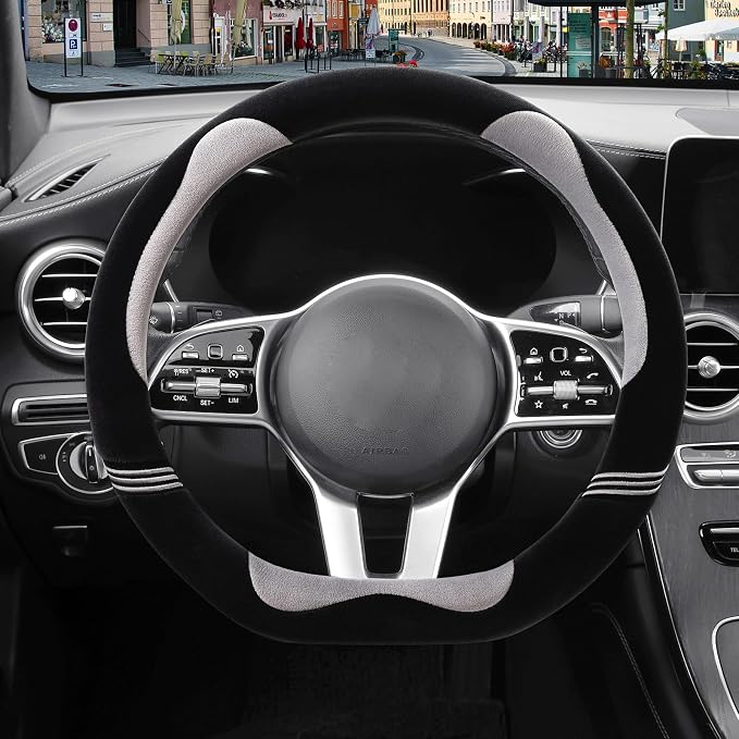 Furry Cute Soft D Shaped Steering Wheel Cover 14 inch Black Gray | Fluffy Short Plush Car Accessories, Non-Slip Cold-Proof Sweat-Proof Colorfast, Small 13.5 inch to 14 inch