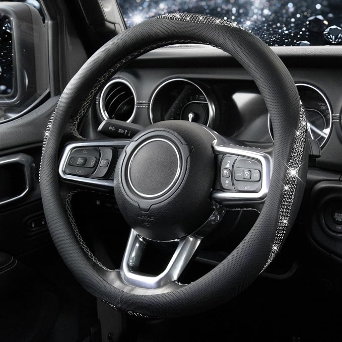Sparkly Diamond Steering Wheel Cover, Bling Rhinestone Breathable Leather Car Protector, Universal 15 Inch Fit for Women Girls, Anti-Slip Comfortable, Black