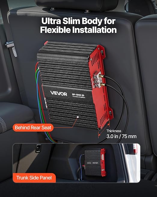 Monoblock Car Amplifier, 1500W RMS MAX, 1/2/4 Ohm Stable, 1-Channel Class D Car Audio Amplifier with Remote Subwoofer Level Control, Low Pass Filter and Bass Boost, Volume Controller Included