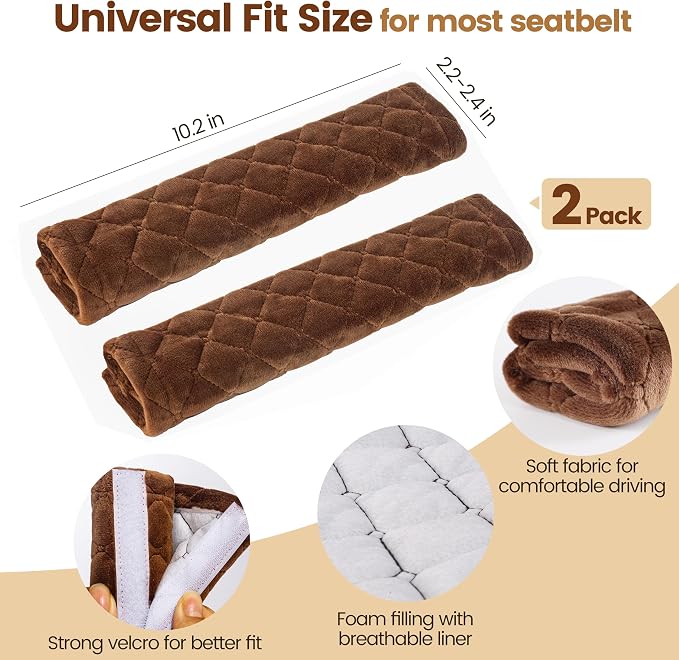 Soft Auto Seat Belt Cover Seatbelt Shoulder Pad Cushions 2 PCS for a More Comfortable Driving Universal Fit for All Cars and Backpack Brown