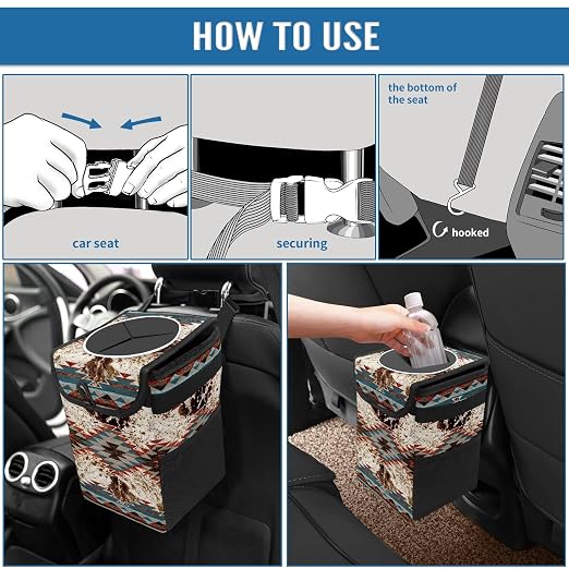 Car Trash Can with Lid Western Aztec Cow Print Collapsible Reusable Leak-Proof Auto Garage Bag,Hanging Vehicle Car Accessories Interior Car Organizer