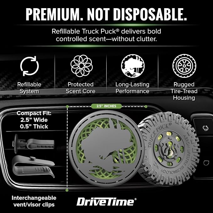 Truck Puck Bamboo Rain Fragrancee Car Air Freshener – Long-Lasting Car Deodorizer, Refillable Vent & Visor Clip Auto Air Freshener for Car, Truck & SUV, Premium Fragrance, Pack of 3