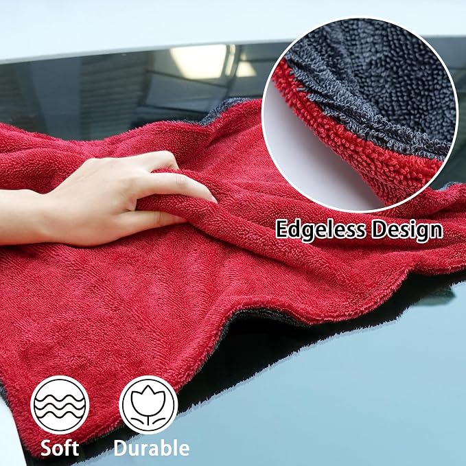 2 Pack Car Drying Towel, Premium Microfiber Towels for Cars, 1000GSM, Edgeless Twisted Loop Design, No Streaks, Scratches, or Water Spot, Absorbent Wash Towel, 18" x 24" (Red&Grey)