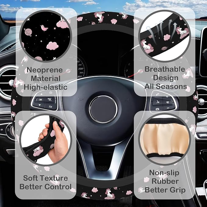 Cute Unicorn Steering Wheel Cover for Women, Anti-Slip Car Steering Wheel Cover with 2 Pcs Cup Holders Neoprene Breathable Car Accessories Universal 15 Inch Auto Interior Decor