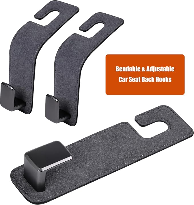 Car Seat Back Hook Metal with Suede Universal Vehicle Headrest Hangers Interior Storage Organizer for Purse Handbag Coat Grocery Bags 2 Pack Grey