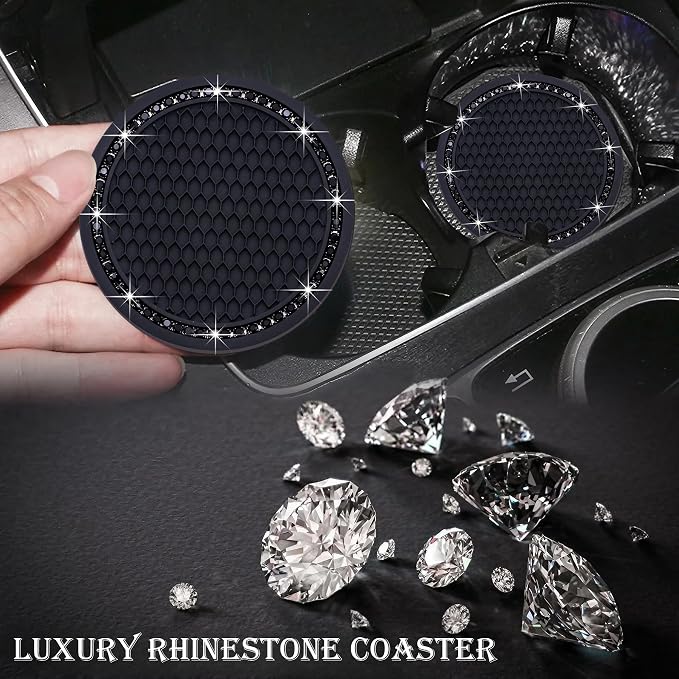 2PCS Bling Cup Holder Coaster, 2.75 Inch Auto Car Cup Holder Insert Coasters, Soft Silicone Anti-Slip Shockproof, Universal Vehicle Interior Accessories for Women Girls (Black)
