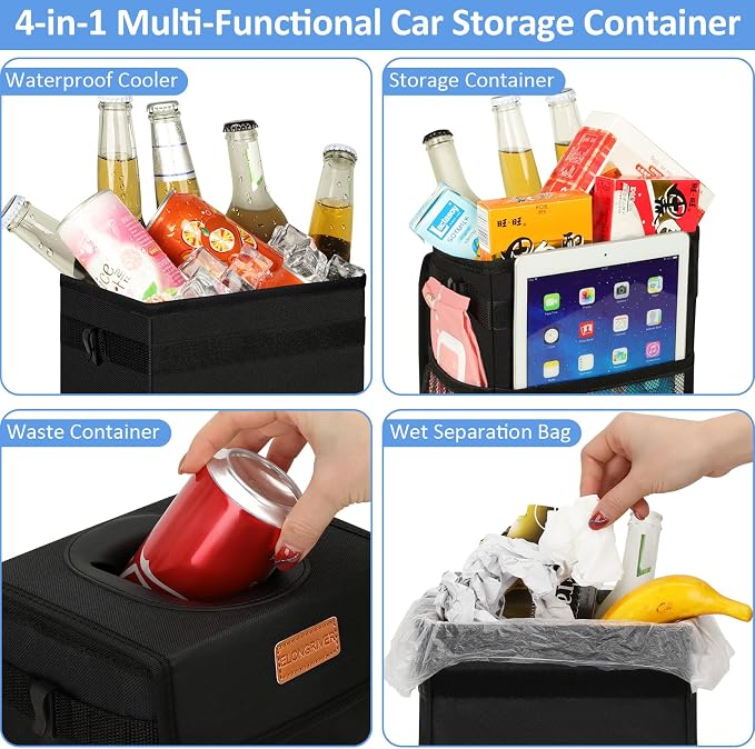 Car Trash Can Bin for Back Seat Leak Proof, Cute Car Trash Bag Hanging, Vehicle Trash Can for SUV Truck Van, Automotive Garbage Cans Front Seat Black