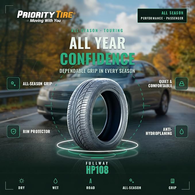 Fullway HP108 All-Season Passenger Car Performance Radial Tire-225/55R19 225/55/19 225/55-19 99V Load Range SL 4-Ply BSW Black Side Wall UTQG 380AA