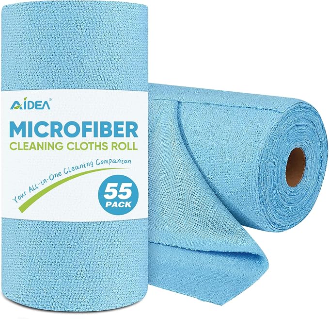 AIDEA Microfiber Cleaning Cloth Roll, Blue Shop Towels 55 Sheets Washable, Microfiber Towels for Cars, Blue Rags Reusable Paper Towel for Automotive, Workshop, House, Kitchen, Cleaning Supplies11×9"