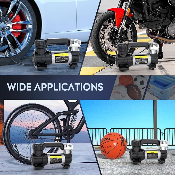 Portable Air Compressor Tire Inflator 12V Heavy Duty 120PSI Metal Pump Double Cylinder Digital Pressure Fast Inflate Auto Shutoff for Car SUV Motorcycle