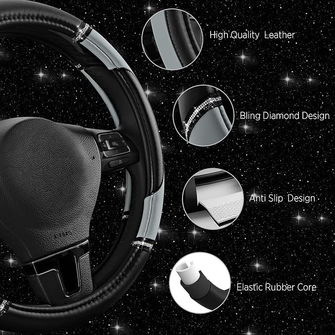 Leather Steering Wheel Cover - Made with PVC Leather - Anti-Slip, Universal Fit 14 1/2 inches to 15 inches - Gray