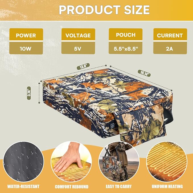 Heated Hunting Seat Cushion Pad Thermal Hunting Seat with 10000 mAh Power Bank Adjustable Temperature Hunting Hot Seat Cushion for Tree Stand,Bleacher,Sport Without Backrest