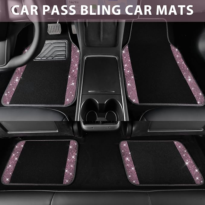Bling Diamond Car Floor Mat Shining Rhinestones Carpet, Sparkly Glitter Crystal Anti-Slip PVC Heel Pad Automotive Universal Fit for SUV Sedan Car Van, 4pcs for Girl Cute Women, Black Pink