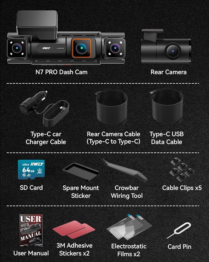 N7 PRO 4K STARVIS 4 Channel Dash Cam, 360° View Front Rear and Dual Inside Camera, WiFi 6 & GPS, 8-IR Night Vision, 2160P Dash Camera for Cars, 3.18" IPS, 24/7 Parking Mode, Free 64GB Card
