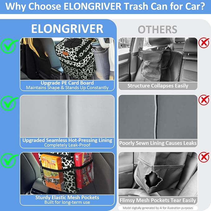 Car Trash Can Bin for Back Seat Leak Proof, Cute Car Trash Bag Hanging, Vehicle Trash Can for SUV Truck Van, Automotive Garbage Cans Front Seat Cow Print