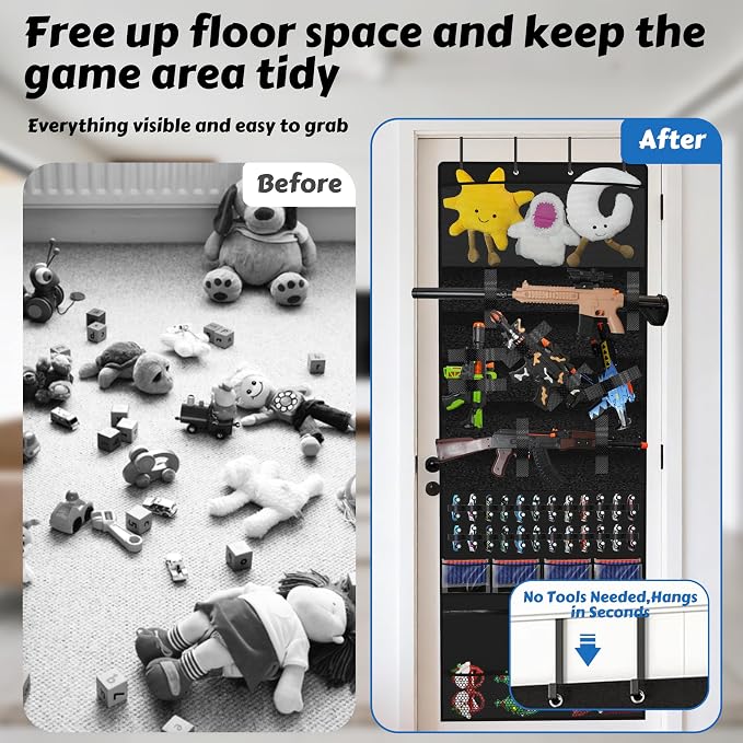 Over the Door Organizer for Toy Storage, 68.9"x25.6" Door Hanging with Hooks Slots Pockets and Felt Display Cabinet for Toy Guns, Toy Cars, Stuffed Animal, Home Living Space Saving Storage (Black)