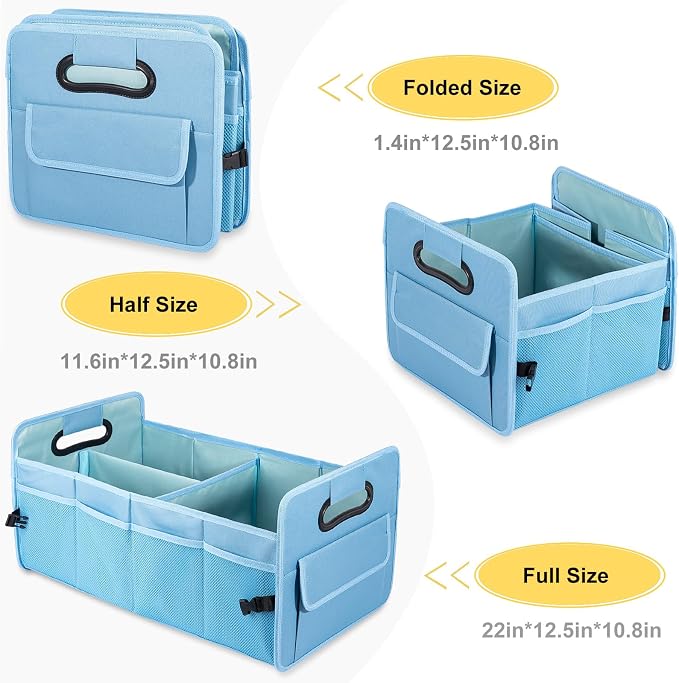 Car Trunk Organizer, Car Organizers and Storage Collapsible Multi Compartment Container Box, Adjustable Car Accessories for SUV Sedan Truck, Standard Size, Light Blue