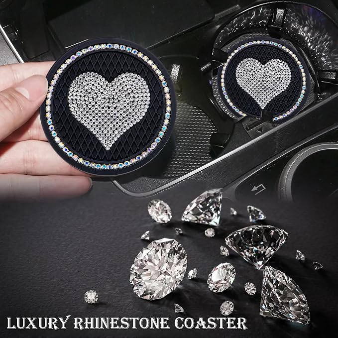 2PCS Sparkling Car Cup Holder Coaster – 2.75 Inch Silicone Insert – Non-Slip, Shockproof – Universal Auto Interior Accessories for Women Girls (Black & White)