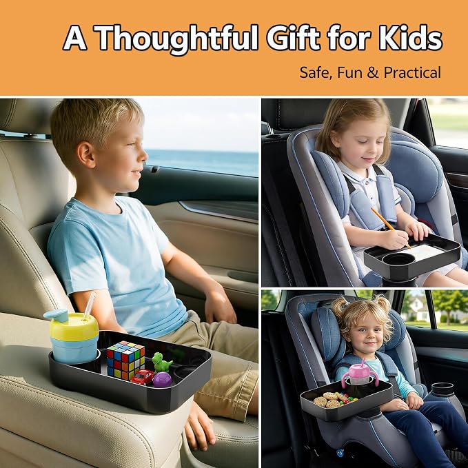 Car Seat Snack Tray for Kids Toddler Travel,Cup Holder Expander for Car,Toddler Travel & Road Trip Accessory for Mess-Free Snacking in The Car (Black)