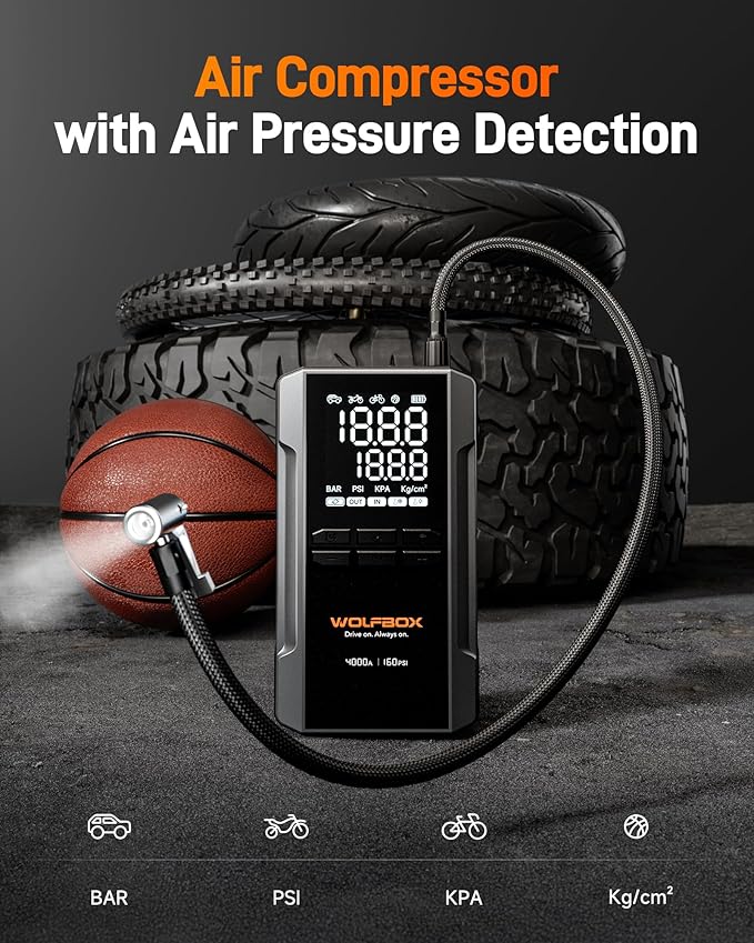 MV24A 4000A Jump Starter with 160PSI Air Compressor, 12V Car Battery Booster, 88.8Wh Portable Jump Box (10L Gas/10L Diesel) with 65W Fast Charging, Tire Inflator, Jumper Cables, LED Light