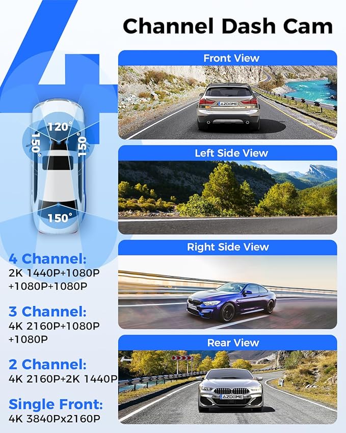 360° 4 Channel Dash Cam Front and Rear Inside, Built-in 128GB eMMC, 2K+1080P*3 Dashcam, Left Right, Voice Control, 5G WiFi Dash Camera for Cars with 4 Adjustable Lenses, IR Night Vision, M660
