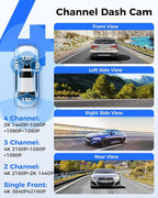 360° 4 Channel Dash Cam Front and Rear Inside, Built-in 128GB eMMC, 2K+1080P*3 Dashcam, Left Right, Voice Control, 5G WiFi Dash Camera for Cars with 4 Adjustable Lenses, IR Night Vision, M660