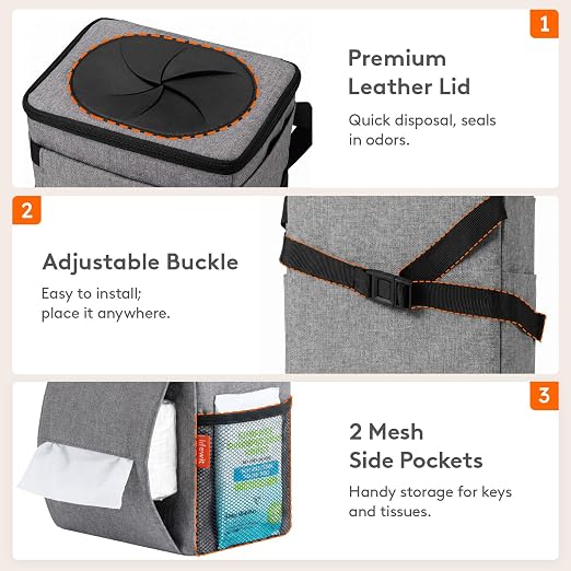 Car Trash Can with Lid and Tissue Holder, Leak-Proof Waterproof Automotive Garbage Cans, Car Accessory Interior, Trash Bin for the Back/Front/Console of Car, 2 Gallons, Grey
