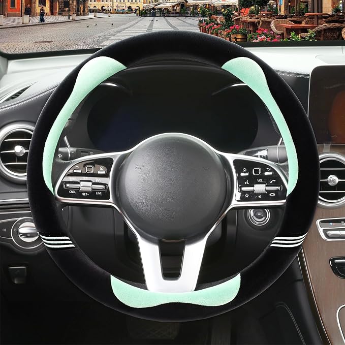 Furry Cute Soft Steering Wheel Cover 15 inch Black with Green | Fluffy Short Plush Car Accessories, Non-Slip Cold-Proof Sweat-Proof Colorfast, Universal 14.5 inch to 15 inch
