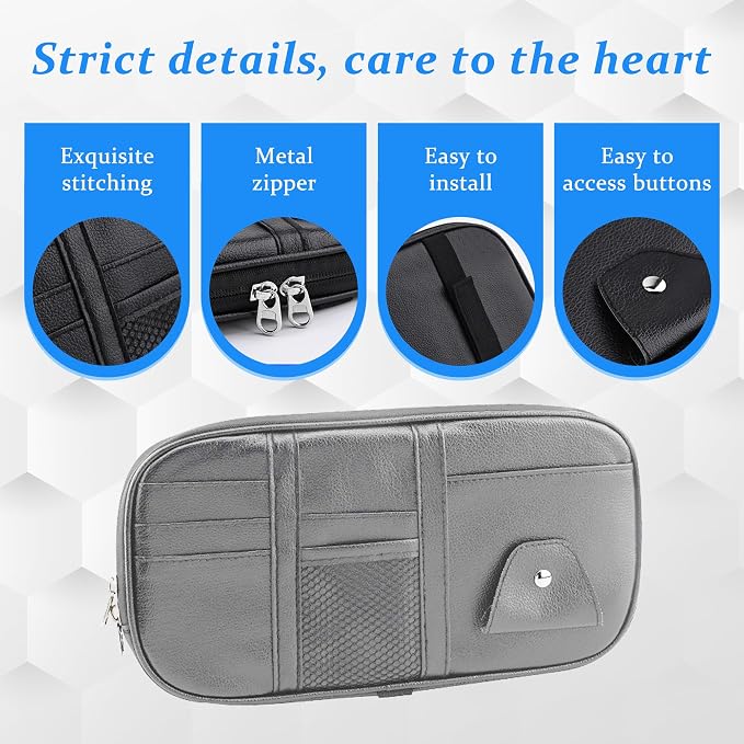 Car Sun Visor Organizer, Sunglass Holder and Storage Pocket, Card Cash Pouch with Multi-Pocket Net Zipper, Case Bag for License Pen Key, Auto Accessories for Truck, SUV, Van (Gray)