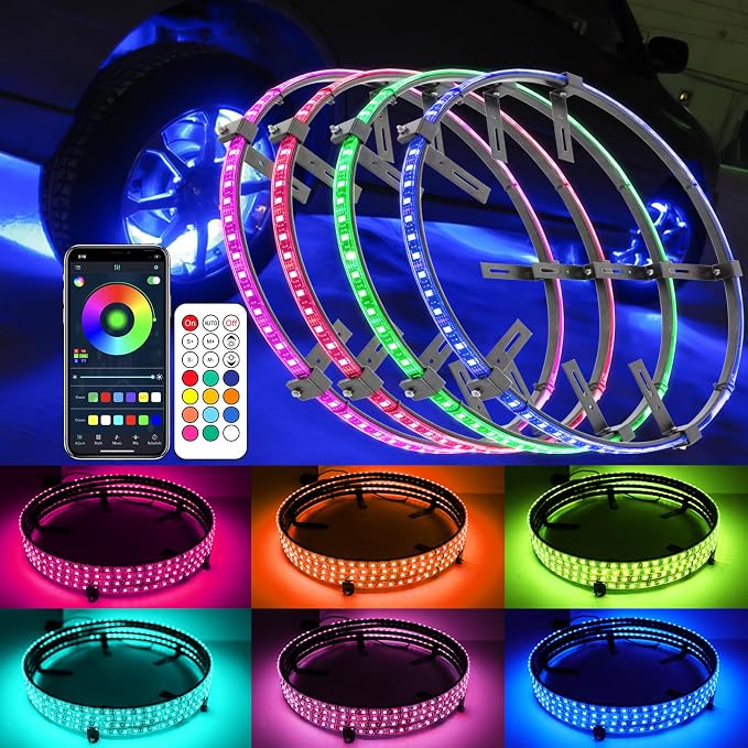 4PCS 17.5inch RGB LED Wheel Rim Lights with Bluetooth and Remote Control,Wheel Ring Light Kits with Turn Signal and Braking Function Tire Lights for Pickup Truck SUV Car(17.5inch)