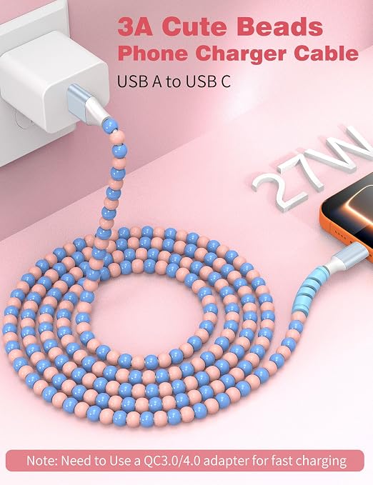 USB A to USB C Cable 3FT,Beaded Charger Cord for iPhone 17 16 Pro Max 16e 15 Car play,Cute TypeC Car Charger Charging Cord for iPad 10 11th/Samsung S26 S25 S24/Pixel/Android Phone Girls Women,PinkBlue