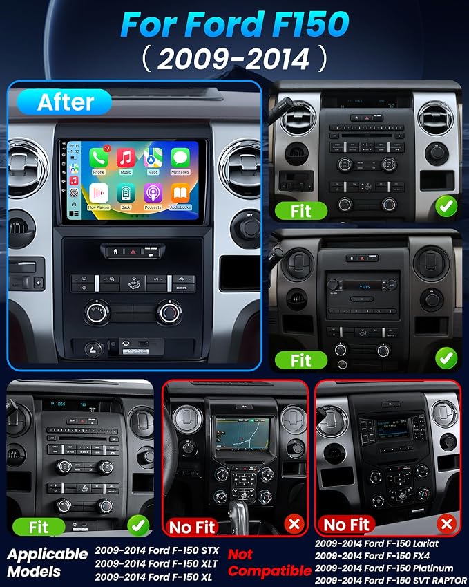 Car Radio for Ford F150 2009-2014: [4Core 64G ROM] 9 inch HD Touchscreen Stereo with Wireless CarPlay Android Auto GPS 5G WiFi FM RDS DSP SWC Mirror Link, Free Backup Camera (Only fit Manual AC)