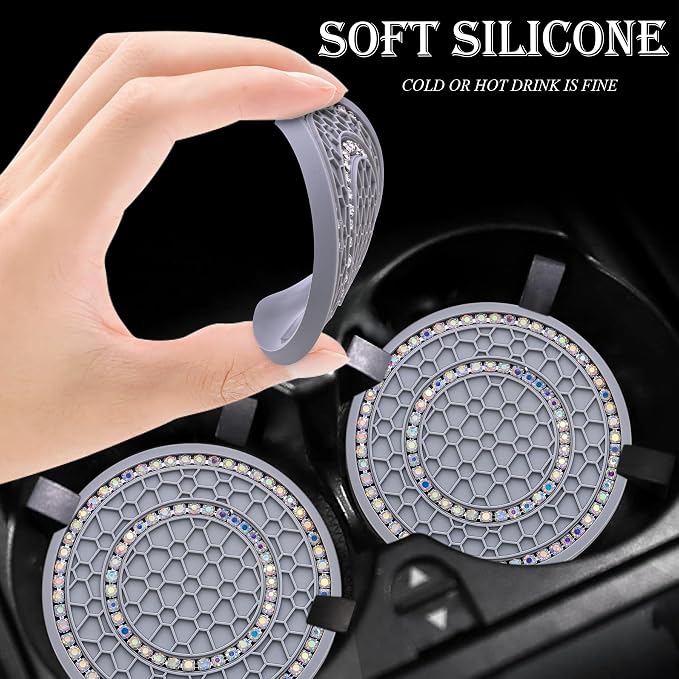 2PCS Bling Crystal Rhinestone Cup Holder Coaster, 2.75 inch Soft Silicone Anti-Slip Shockproof, Car Cup Holder Insert Coasters, Universal Car Interior Accessories for Women (Gray & Colorful)