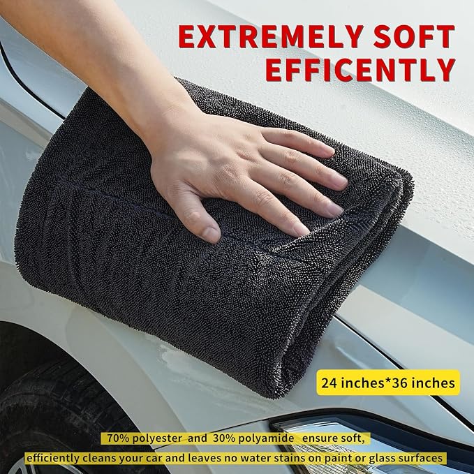 Wasal Car Drying Towel, 24" x 36" XL | 1300 GSM Microfiber, Edgeless Twisted Loop Design, 70/30 Blend, Super-Fast Drying, Streak Free