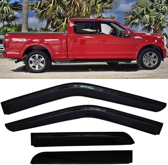 Window Visors Rain Guards Side Wind Deflectors for 2015-2025 F-150 Crew Cab, 2017-2025 F-250 F-350 F-450 Super Duty (SuperCrew/Crew) Cab, Vent Guard Shade Sun 94975 4-Pieces Set