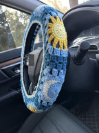 Handmade Crochet Sun and Moon Car Steering Wheel Covers Universal 14-15 inch for Women and Men (Steering Wheel Cover+Crochet Strawberry