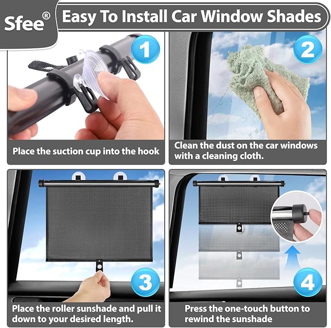 Car Window Shades for Baby-2 Pack Retractable Side Window Car Sun Shade Blocks UV Rays & Heat for Sun Protection Roller Sunshade Visor Window Shade for Kids,Passengers,Pets (20' x22'')