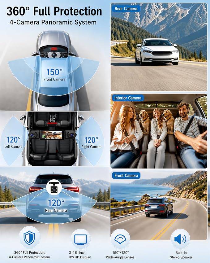 4 Channel 360° Dash Cam, 1080P FHD Front and Rear Camera for Cars, 8 Non-Glare Night Vision Lights, Loop Recording, Reverse Assistance, 3.16" IPS Screen, Interior Monitoring