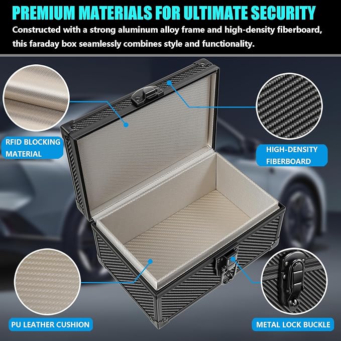 Faraday Signal Blocking Box for Car Keys, Carbon Fiber Black | Faraday Box for Car Keys, RFID Signal Blocking Box, Anti-Theft Shielding Cage, Large