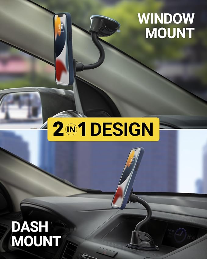 MXWDL Magnetic Cell Phone Car Mount, Suction Cup Phone Holder for Car Dashboard/Windshield with Extra Strong Magnet and Thick Metal Plate Compatible with iPhone, Samsung, and All Devices